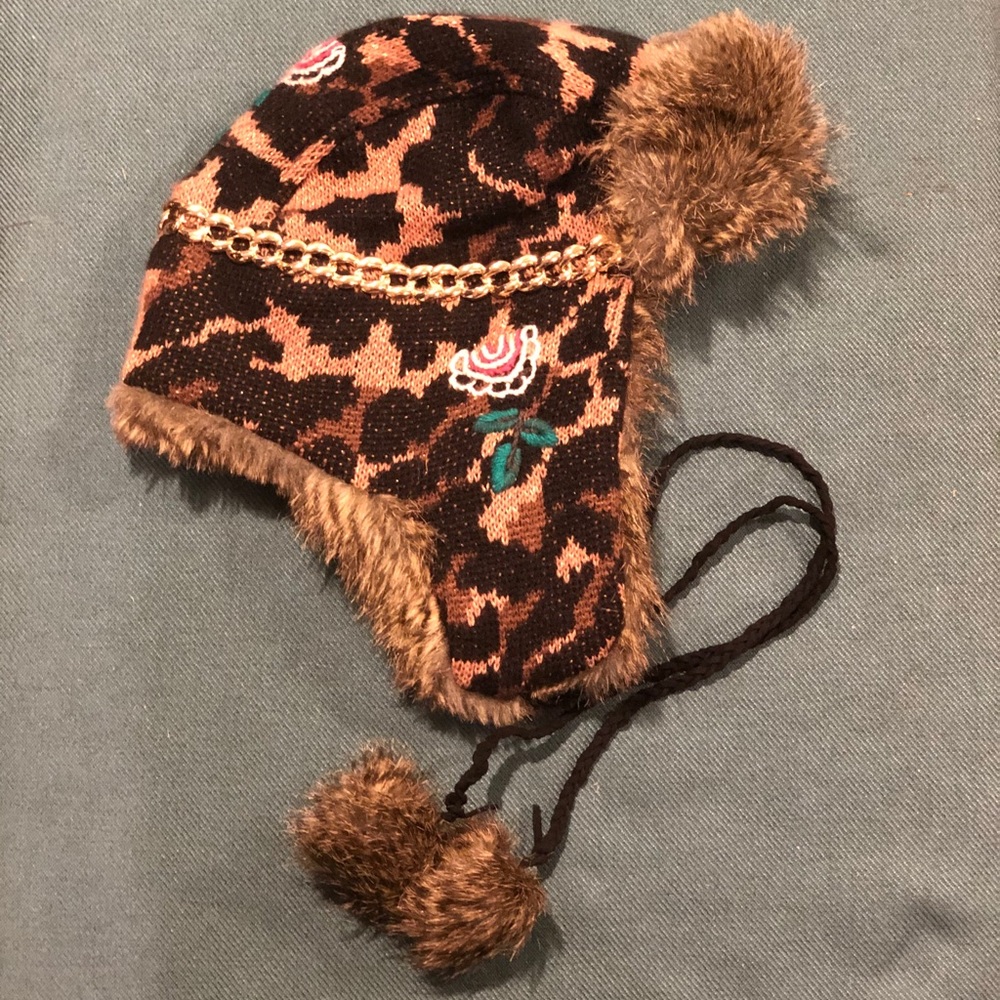 Betsey Johnson leopard print winter hat gold trim